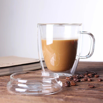 375ml Heat Resistant Double Wall Insulated Glass Mug Hot and Cold Water Cup w/ Lid & Handle