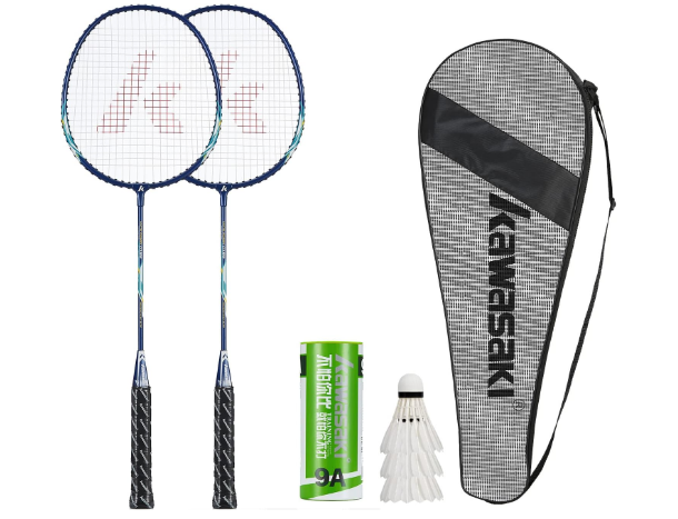 Badminton Rackets Set of 2 for Training, Sport, Including 2 Kawasaki Badminton Racket, 3 Badminton Birdies Feather,1 Badminton Bag Large (Blue)