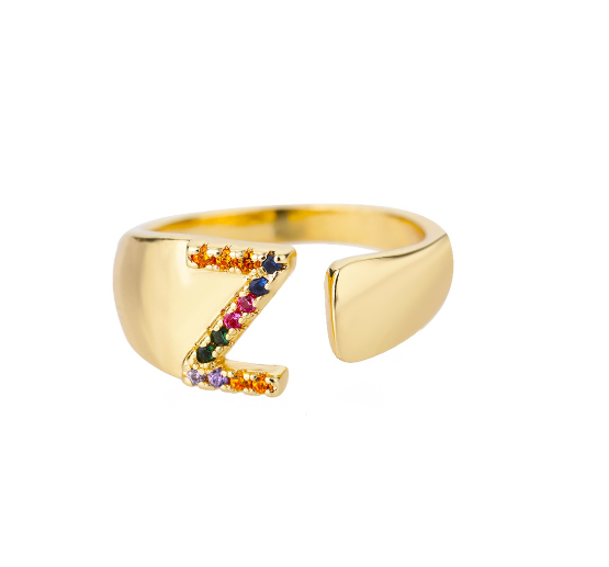Maxzone Fashion Colorful Chunky Wide Letter A-Z Rings For Women Gold Opening Initial Letter Ring Femme Wedding Party Jewelry Z