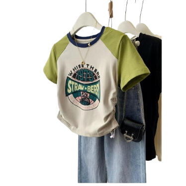 Lovito Women Casual Patchwork Pattern Fabric Stitching T-Shirt LNE39488 (Green)