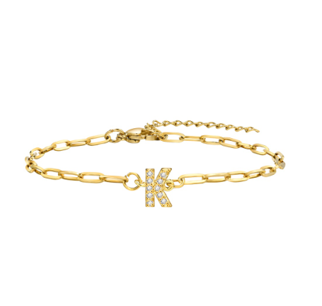 Vnox 18K Gold Zircon Initial Bracelet,Letter Charm Link Stainless Steel Flat Cross Bracelet K