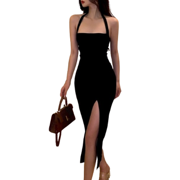 Lovito Casual Plain Sleeveless Split Front Midi Square Neck Dress for Women LNE02204 (Black)