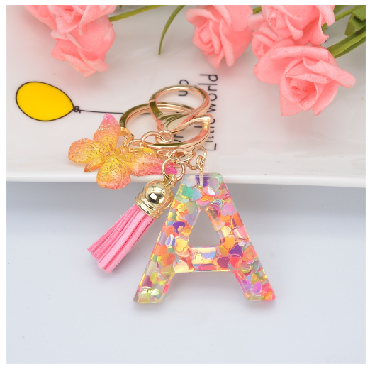 Exquisite 26 Letter Resin Keychain with Pink Tassel Gradient Butterfly Pendant Key Ring Women Bag Ornaments Accessories A