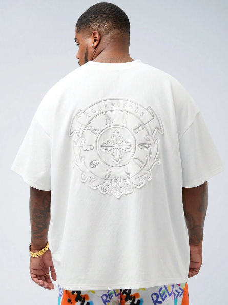 Manfinity NXTstreet Plus Size Men's Casual Embroidery Patched Loose Dropped Shoulder Crew Neck Short Sleeve T-Shirt, For Summer