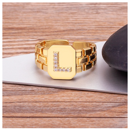 New Arrival Fashion Gold Color Initial Ring Open Design Adjustable Hot Sale A-Z Letters Zircon Rings For Women L
