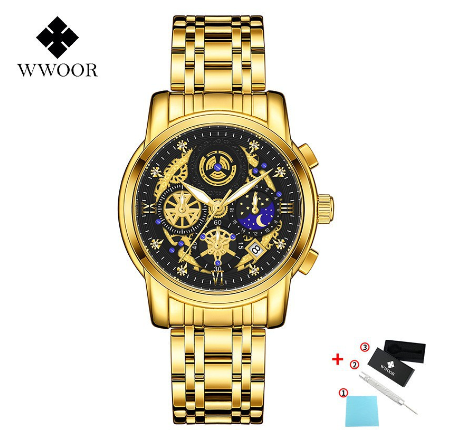 Wwoor Watch Stainless Steel Luxury Waterproof Sports Quartz Wristwatch For Men's Watch BLACK DIAL ALL GOLD