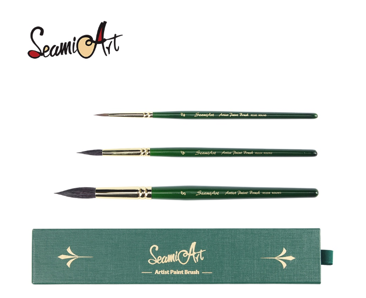 SeamiArt 3pcs Artist Pointed Round Sable Squirrel Brush Gift Set Short Green Handle Painting Brush For Watercolor