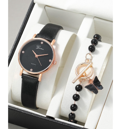Original Sports Waterproof Black Leather Strap Watch for Women with Bracelet