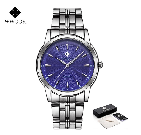 Wwoor Classic Retro Watches For Men Top Brand Waterproof Stainless Steel New Quartz Wristwatch Fashion Luxury Watch BLUE DIAL SILVER CASE STRAP