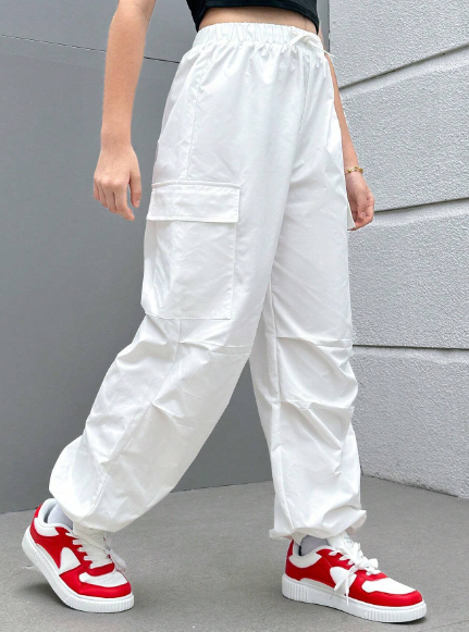 SHEIN Teen Girl Woven Solid Color Casual Cargo Pocket Loose Fit Jogger Parachute Pants