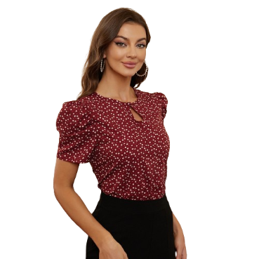 Lovito Elegant Polka Dots Short Puff Sleeve Keyhole Neckline Chiffon Blouse for Women L17D106 (Red)