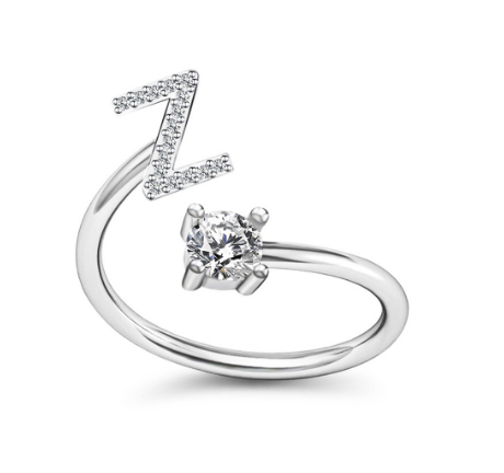 Simple Rhinestone 26 Letter Rings For Women Sliver Color Initials Adjustable Ring Opening Finger Accessories Wedding Jewelry Z