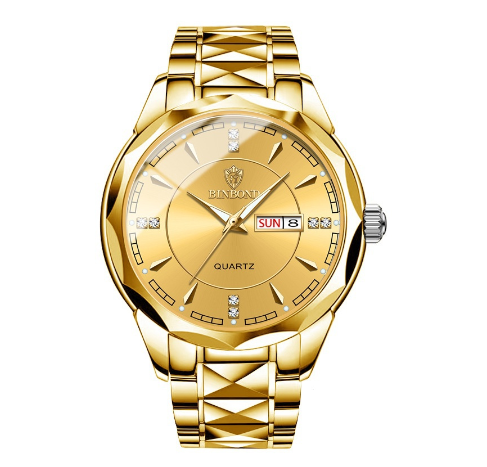 Binbond Fashion Luxury Stainless Steel Waterproof Men Unique Business Watch Dual Calendar Gold Luminous Quartz Wrist Watch M002