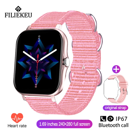 FILIEKEU Smart Watch Men Women Waterproof Sports Fitness Bluetooth Couple Touchscreen Stainless Steel Smartwatch PINK NYLON