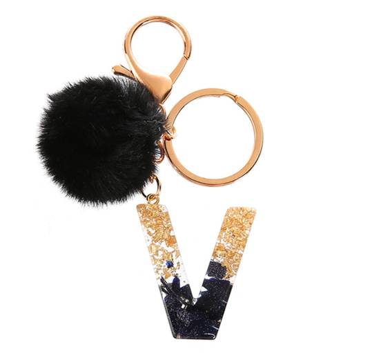 New Black Pompom 26 English Alphabet Resin With Gold Foil Keychain Charms Exquisite Letter Keyring V