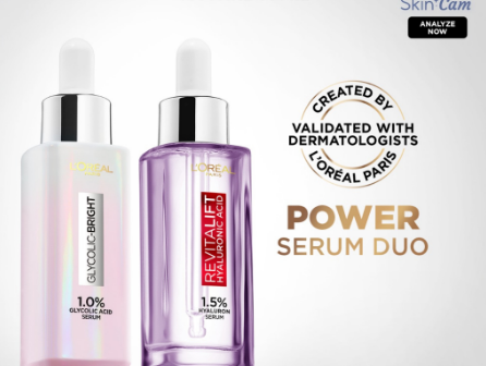 LOreal Paris Power Serum Duo Set: Glycolic Bright and Revitalift Hyaluronic Acid Face Serum (30mL)