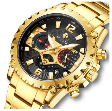 Wwoor Men Watch Stainless Steel Waterproof Original Quartz Battery Analog Wristwatch BLACK DIAL GOLD STRAP