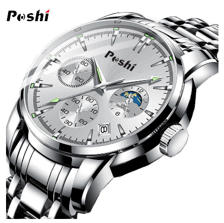 POSHI Men Watch Automatic Stainless Steel Waterproof Dive Sports Quartz Fashion Wristwatch SILVER WHITE