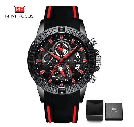 Mini Focus Watch Men Analog Quartz Multifunction Sports Chronograph Waterproof Silicone Fashion Watch BLACK RED