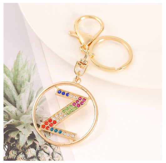Colorful Rhinestone A-Z Letter Keychain Hollow Round Initials Alloy Keyring Bag Pendant Ornament DIY Accessories Charms Gift Z