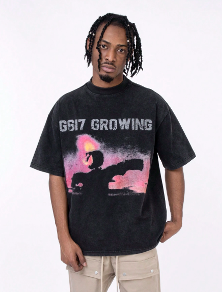 Men's Tie-Dye Letter Print Short Sleeve Tee With Small Round Neckline, Vintage Washed