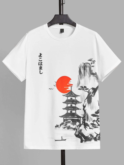 Manfinity Homme Men T-Shirts Fit Crew Neck Short Sleeve Graphic Tee Landscape Casual Japanese Fashion Polyester