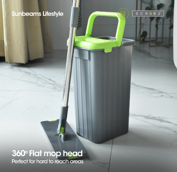 SCRUBZ Flat Mop w/ Bucket 21x18x36cm Microfiber 360ᴼ Floor Mop Home Cleaning Essentials