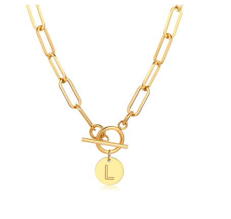Vnox Women Stainless Steel Gold Plated Initial Pendant Necklace with Paperclip Necklace L