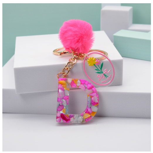 Fashion 26 Letter Keychain A-Z Initial Resin Keyring With Pink Pompom Flower Acrylic Tag Alphabet Key Chain Bag Pendant Gifts D