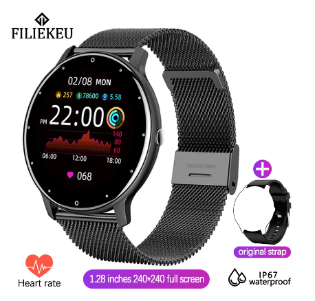 FILIEKEU Fashion Smart watch Full touch screen Waterproof Fitness Tracker Heart rate Multifunction Sports couple smartwatch MESH BLACK