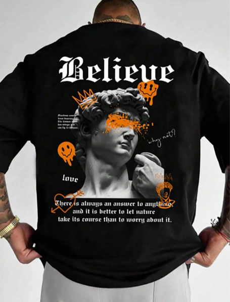 Manfinity Men's Plus Size Sculpture & Slogan Printed T-Shirt