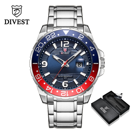 DIVEST Brand Men's Watches Fashion Waterproof Casual Sport Business Original Men Watch Quartz Calendar Luminous 9029 SILVER BLUE