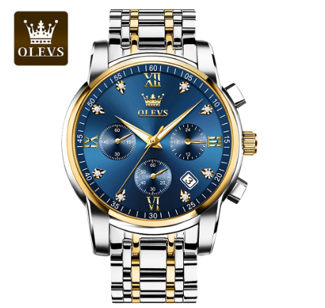 Olevs Watch For Men Quartz Waterproof Multifunction Chronograph Gentleman Stainless Steel Business Watch BLUE DIAL TWO TONE