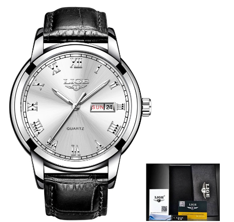 LIGE Watch For Couple Original Waterproof Stainless Steel Silver/Gold Fashion Business Trend Calendar Luminous Watches LEATHER SILVER WHITE