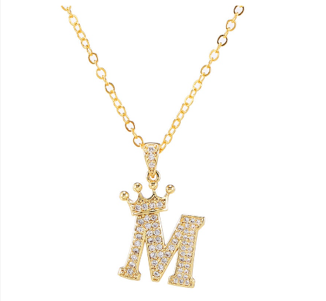 Luxury Crystal Zircon Alphabet Pendant Necklaces for Women Men Gold Crown Initial Letter Necklace M