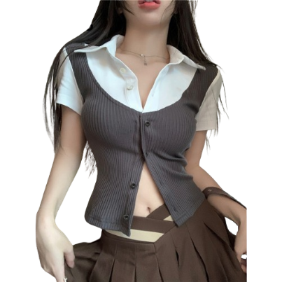 Lovito Women Fabric Stitching Blouse LNE24226 (Grey)