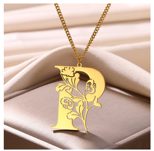 Beauty Flower A-Z Letter Necklaces for Women Men Stainless Steels Flower Initial Pendant Necklace P