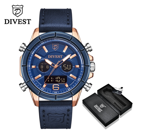 DIVEST Fashion Brand Men's Watches Chrono Sport Male Military Dual Display Men Watch Waterproof Luminous 9002 ROSEGOLD BLUE BLUE