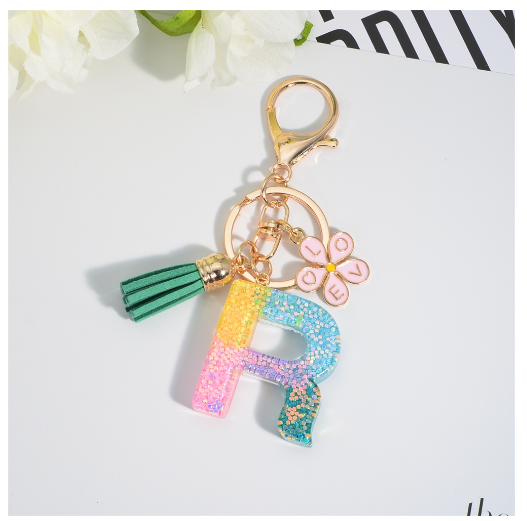 Fashion 26 Letter Resin Keychain A-Z Round Sequins Filled Alphabet Flower Pendant Keyring with Tassel Bag Ornament Accessories R