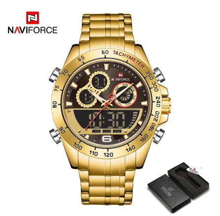 Naviforce NF9188 Men Luxury Gold For Digital Sport Chronograph Quartz Military Steel Band Waterproof Wristwatch GOLD