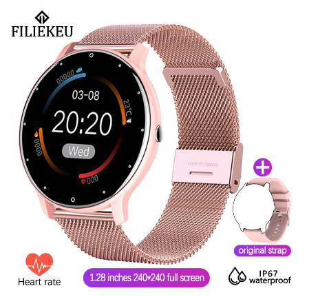 FILIEKEU Fashion Smart watch Full touch screen Waterproof Fitness Tracker Heart rate Multifunction Sports couple smartwatch MESH PINK