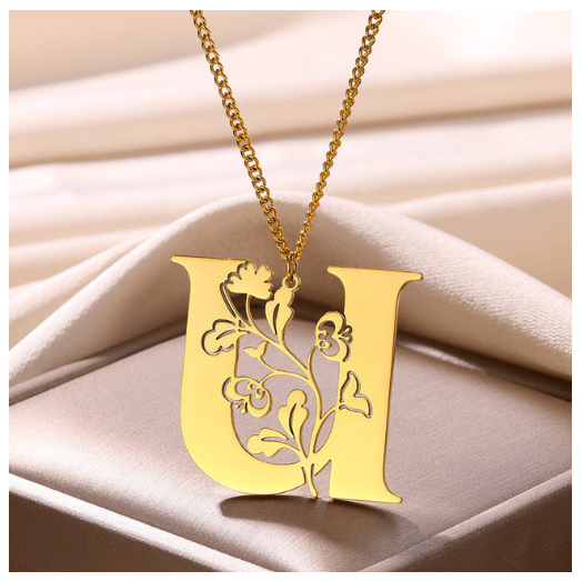 Beauty Flower A-Z Letter Necklaces for Women Men Stainless Steels Flower Initial Pendant Necklace U