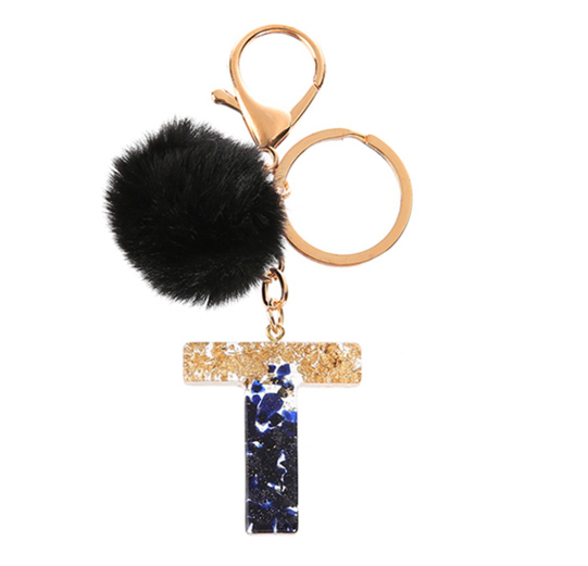 New Black Pompom 26 English Alphabet Resin With Gold Foil Keychain Charms Exquisite Letter Keyring T