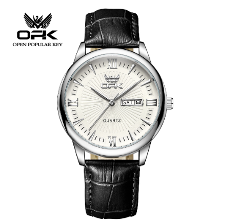 OPK Men's Watch Waterproof Original Quartz Calendar Belt Watch WHITE DIAL  BLACK LEATHER STRAP