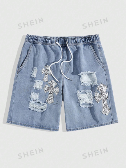 ROMWE Street Life Men's Cross Print Denim Shorts Suitable For Daily Wear In Spring And Summer