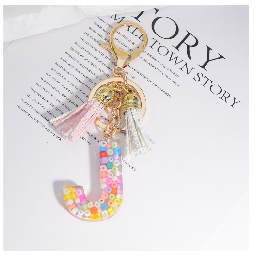 Colorful Beades Filled A-Z 26 Letter Keychains For Women Fashion Initials Keyring With Tassel Bag Pendant Accessories Souvenir J