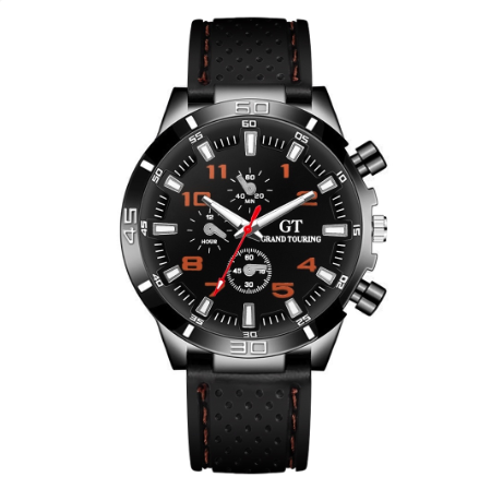 Men Sports Watch Black Silicone Band Quartz Watches ORANGE