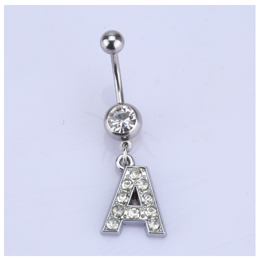 26 Letter A To Z Style Charm Stainless Steel Body Piercing JewelryCrystal Rhinestone Navel Belly Button Ring A