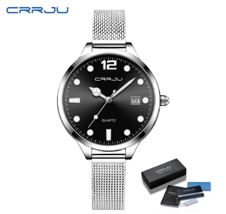 CRRJU Women's Watch Original Brand Luminous Fashion Business Analog Quartz Stainless Steel Waterproof 2187 SILVER BLACK