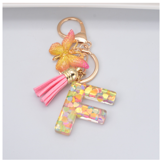 Exquisite 26 Letter Resin Keychain with Pink Tassel Gradient Butterfly Pendant Key Ring Women Bag Ornaments Accessories F